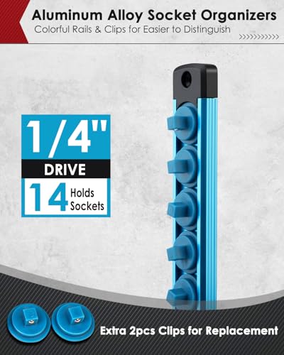 Image of PINOZE 1 /4 inch Magnetic Socket Holder Organizer - Aluminum Alloy Socket Rail Tray for Tool Box Drawer, Socket Rack with Extra 2Pcs Replacement Clips for Automotive Garage(Blue)