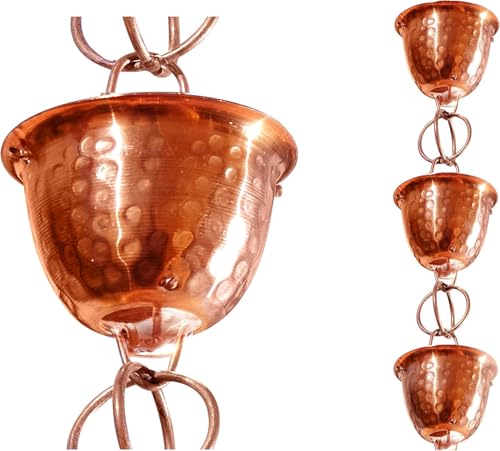 Monarch Rain Chains Pure Copper Hammered Cup Rain Chains for Gutters 8.5 ft Decorative Rainchain Outdoor Durable Heavy Duty Gutter Chain Downspout Replacement Modern Rainchains for Outside