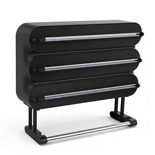 4 en 1 Derouleur Film Alimentaire，Distributeur Film Alimentaire，Distributeur Papier Aluminium et Film-Magnétique et Murale sans Percer (Noir Pur)