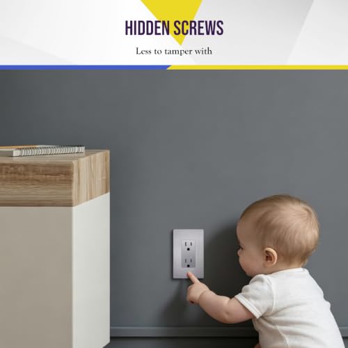 Image of ENERLITES Elite Series Screwless Decorator Wall Plate Child Safe Outlet Cover, Size 1-Gang 4.68 inch H x 2.93 inch L, Unbreakable Polycarbonate Thermoplastic, SI8831-BSV, Brushed Silver