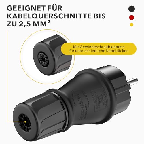 Schuko Stecker 230V IP54 - 3er Set Robuster Schutzkontaktstecker aus Gummi & Kunststoff, Schwarz | Hermetisch Versiegeltes Design | Perfekt für den Außenbereich | 3-Poliger Stromstecker