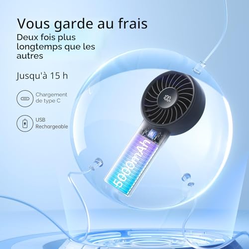 JISULIFE Mini ventilateur portable 5000 mAh avec vent puissant, mini ventilateur rechargeable par USB avec affichage numérique, 5 vitesses de vent, idéal pour les voyages, l'école, les cils - Noir
