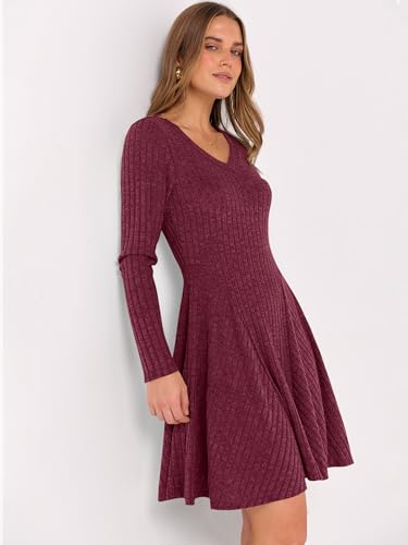 ANRABESS Women Long Sleeve Ribbed Knit Short Dresses 2026 Spring V Neck Casual Swing A Line Sweater Dress Burgundy Medium — view 5