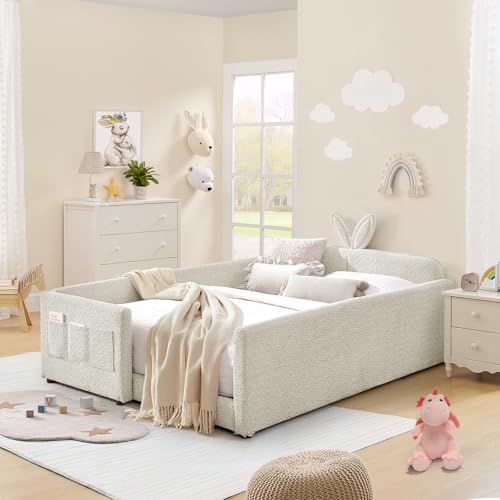 Image of Full Size Kids Bed with Rabbit Ear Headboard, Upholstered Boucle Fabric Full Daybed with Slats Support & Side Pockets, Space-Saving Wooden Corner Sofa Couch Bed Frame for Girls, Boys, Teenager(Beige)