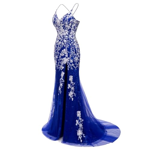Image of Long Spaghetti Straps Tulle Mermiad Prom Dress V Neck Lace Appliques Formal Dress with Slit SF203