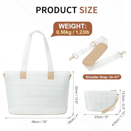 Large Travel Tote Bag for Women, Quilted Puffy Tote Bag with Detachable Shoulder Strap, Laptop Work Bag W/Handbag3