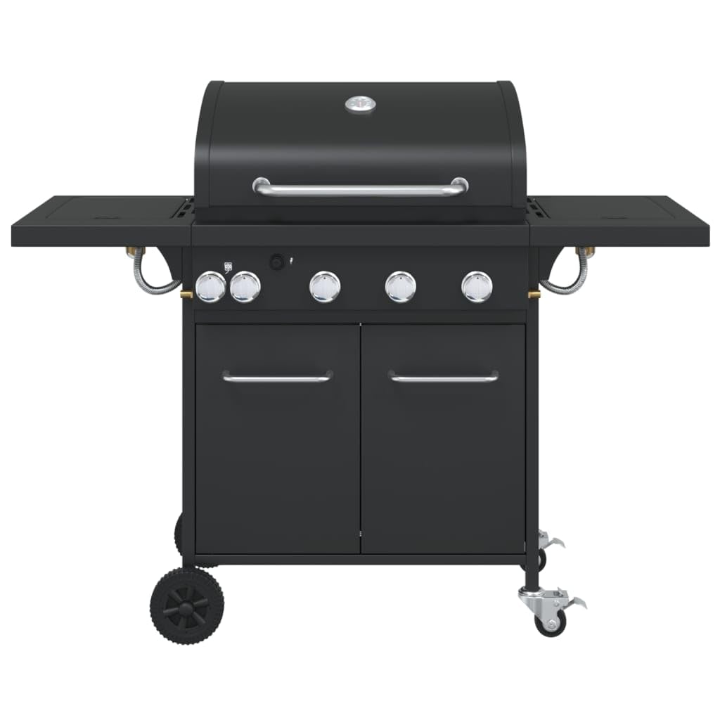 Barbecue a gas con 5 fiamme, 16 kW, per esterni, con termometro, ripiani laterali, ruote, acciaio verniciato a polvere, nero