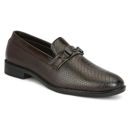Image of NARKI Men's Tan Formal Loafers - Stylish Slip-On Synthetic Leather Dress Shoes | Textured Office Wear Shoes for Men