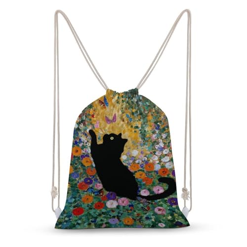 Black Cat Flower Garden Butterflies Drawstring Backpack Canvas String Bag Lightweight Sports Gym Bag for Men Women