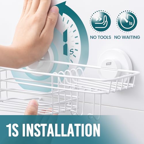 Image of TAILI Shower Caddy Suction Cup with Hooks, No Drill Shower Shelf, White | Heavy Duty Shower Organizer, Metal Storage Basket, Shampoo Holder, Soap Holder