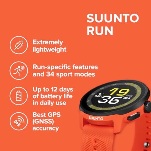 Image of SUUNTO Run Running GPS Sports Watch with Silicone Strap, 1.32 inch AMOLED Touchscreen w /Crown Button, Wrist Heart-Rate & Sleep Health Tracking, Coral Orange