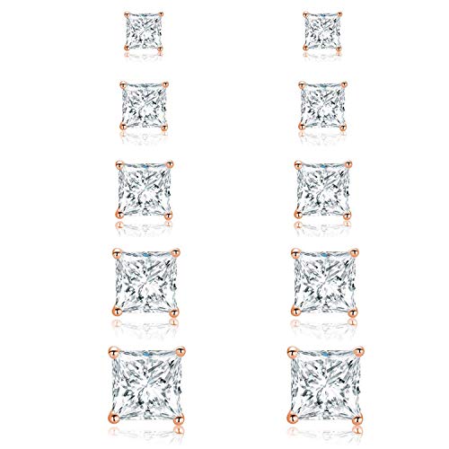 MDFUN 18K Rose Gold Plated Princess Cut Clear Cubic Zirconia Stud Earring Pack of 5 Pairs