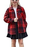 Flypigs Kid Girls Classic Red Plaid Flannel Button Shirts Long Rolled-Up Sleeves Coats Tops for Spring Fall Winter