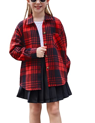 Girls Long Sleeve Flannel Shirts Button Down Plaid Shacket Jacket Casual Collared Shirt Blouses Tops with Pocket