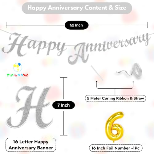 Image of Flyloons 6th Happy Anniversary Banner Silver Decorations Kit for Men Women Wedding Anniversary Banner Items without Balloons