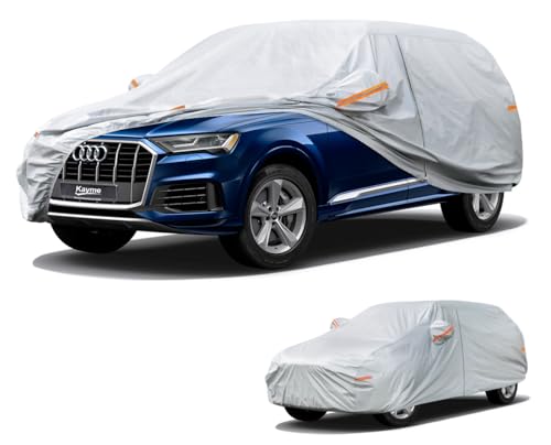 Kayme SUV Car Cover Waterproof Breathable, 4x4 Car Cover Sun Dust Protection Outdoor, Fit for Audi Q7/Q8, XC90, BMW X5, Land Cruiser, VW Touareg, Model X etc. View Vehicle Size Chart A13, Silver