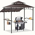 GIODIR 8x8x5 FT BBQ Grill Gazebo Outdoor, Double Tired Patio Canopy Tent with Side Awning Shelves, Barbecue Shelter with 14 Hooks and Bottle Opener for Backyard Garden Poolside, Brown
