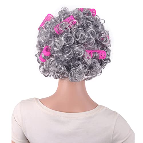 MapofBeauty 4 Inch/11 cm Curly Grandmother Hair Elderly Costume Granny wig With Hair Rollers Cosplay Lady Wig (Silver Grey) - Image 4