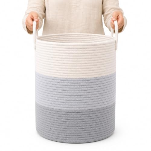 Image of OrganiHaus Tall Cotton Rope Laundry Basket & Hamper, Blanket Storage 52L | 3-Toned Gray - Tall Cotton Rope Hamper, 52L