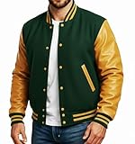 Premium Letterman Jacket Men - Wool Blend Leather Sleeves High School Varsity Jackets For Men (Green Gold, Medium)