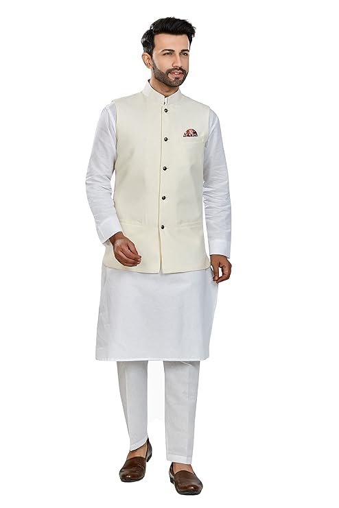 purnima textiles Men's Traditional Indian Sleeveless Waistcoat, White Ethnic Nehru Jacket for Kurta Pajama, Wedding (IN, Alpha, S, Regular, Beige)-picture-20