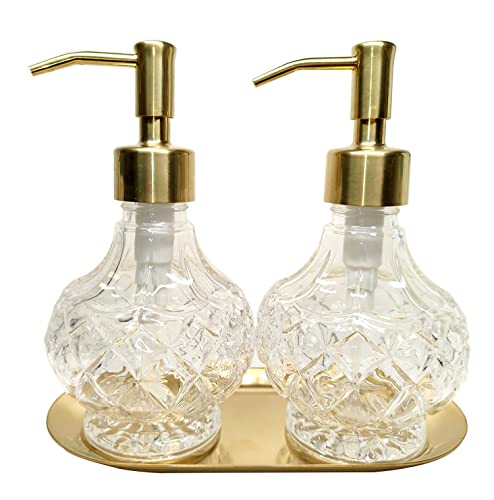 Kollong Glass Soap Dispenser with Pump and Stainless Steel Tray.Vintage Soap Dispenser Bathroom & Kitchen Set w. Dish Soap, Hand Soap, Lotion Dispenser