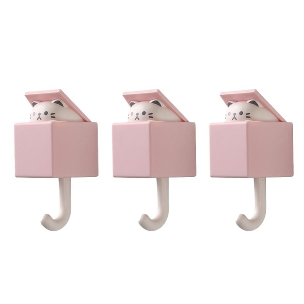 Dazhua Pink-3Pcs 3Pcs Cute Cartoon Cat Self-Adhesive Wall Hooks - Animal Shape Door Hanger For Keys, Umbrellas, Towels And Hats(Pink-3Pcs)