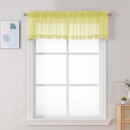 Image of Chyhomenyc Sheer Valances for Windows, Light Filtering Small Window Curtains for Living Room Bathroom Cafe Laundry Basement, Modern Top Dual Rod Pocket Voile Curtain, 42Wx14L inches, Lemon, 2 Pieces