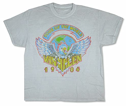 Van Halen Tour of The World Spring 1984 Raw Edged Light Grey T Shirt New - Les Beatles, Paul McCartney, John Lennon, RIngo Starr, George Harrison Van Halen Tour of The World Spring 1984 Raw Edged Light Grey T Shirt New