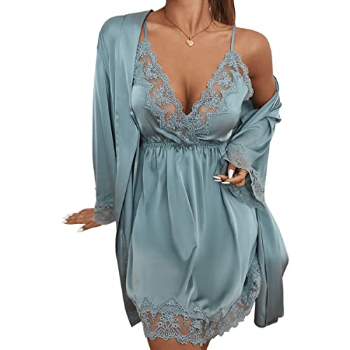 Sweatyrocks Women's Satin Babydoll Chemise With Belted Kimono Robe Lingerie Set Blue S #TOP4