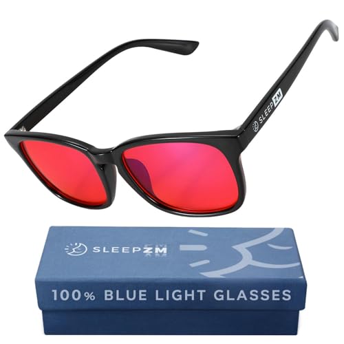 Sleep ZM Blue Light Blocking & Light Sensitivity Glasses - 8 Lens Types for Comfort Relaxation Sleep & Relief - 50+ Styles - Black Wayfarer -Red SleepAidMax Lens Lens