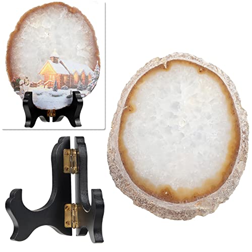 mookaitedecor Christmas Eve Art Print Natural Agate Slice Stone Ornament with Wooden Stand for Good Luck Home Office Decor Healing Crystal Housewarming Gift Christmas Winter Art Deco Decoration - Image 2