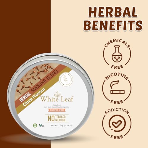 Image of White Leaf Herbal Smoking Blend 100% Tobacco Free & Nicotine Free(30g) Ayurvedic & Organic Herb Mix For Smoking | Herbal Smokes Clove Blend Herbs Mix