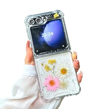GO-VOLMON Linda capa floral para Samsung Galaxy Z Flip 6 margarida rosa e branca, capa feminina transparente à prova de choque para Galaxy Z Flip 6 flor seca e glitter em pó, linda capa feminina para