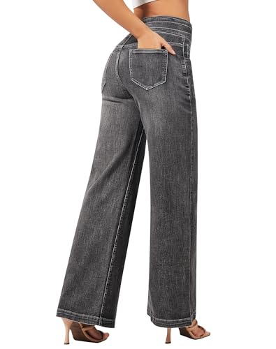 Image of roswear Women's Wide Leg Jeans Casual High Waisted Stretch Baggy Loose Denim Pants