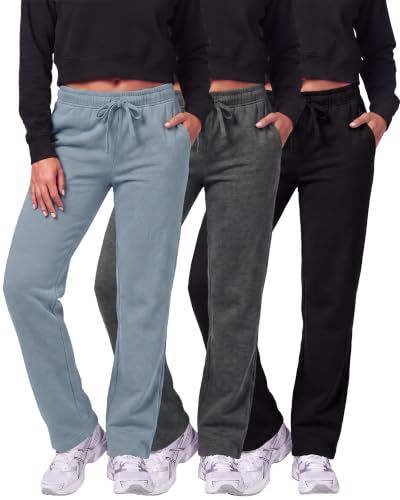 Image of Real Essentials 3 Pack: Women's Relaxed Fit Fleece Open Bottom Sweatpants - Casual Athleisure (Available in Plus)