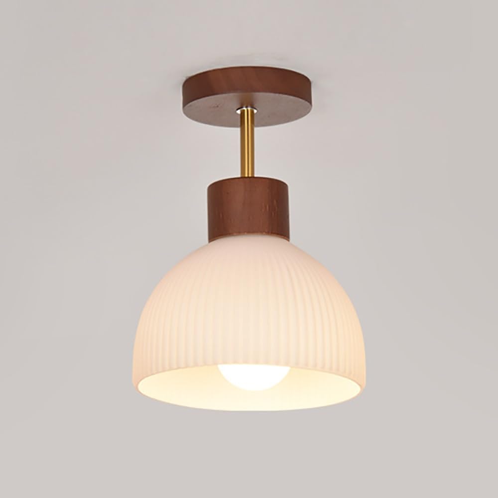 Nordycka Lampy Sufitowa ze Szkła Ryflowanego, Plafon Półkulisty z Drewnem Mid Century Oświetlenie Sufitowe do Przedpokoju(Walnut)