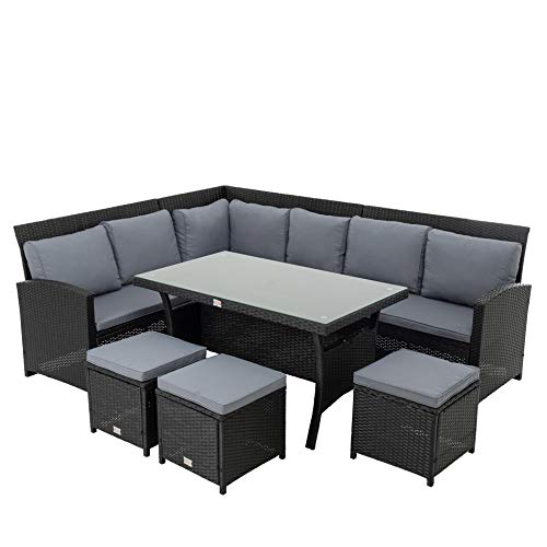 ESTEXO Polyrattan Lounge Set in luxuriöser Optik bestehend aus 1 Couch, 3 Hockern und 1 Tisch, inklusive Sitzpolster, Schwarz