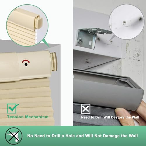 Tonature No Drill Cellular Shades for Indoor Windows, Thermal Insulating & Noise Reducing Honeycomb Blinds, Free Stop Cordless Light Filtering Shades, Beige,35 1/2" W x 64" H by Tonature - Image 3