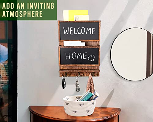 Rustic 2-Slot Mail Sorter Organizer For Wall With Chalkboard Surface & 3 Double Key Hooks - Wooden Wall Mount Mail Holder Organizer – Wall Décor For Entryway Made Of Paulownia Wood - Rustic Brown #TOP3