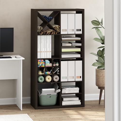 Image of Furinno Cubicle X-Shelf Cube Insert, Cube Organizer, Dark Oak | 13.3W x 13.4H, Fits into Furinno Extra Thick Cubes, for Organizers and Storage (Does not fit IKEA Kallax Shelving)