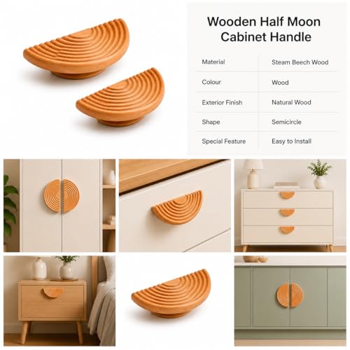 Image of Heavy Duty Steam Beech Wood Door Handles for Main Door, Cabinet, Wardrobe, Drawer | Semi-Circle Wooden Pull Push Handle Set Hardware for Home & Office - Pack of 1 (Full, 4 inch x 4 inch)