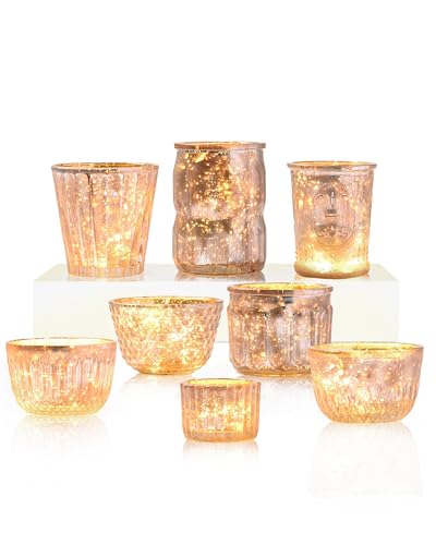 DN DECONATION 8PCS Gold Mercury Glass Candle Holder Assorted Mercury Glass Votive Candle Holders Vintage Tea Light Candle Holder for Wedding Parties Centerpieces Decorations