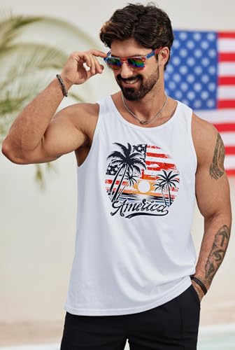 Image of VOGSTART Mens American Flag Tank Top Independence Hawaiian Tee Stylish Print Gym Man Shirt White Hawaiian XL