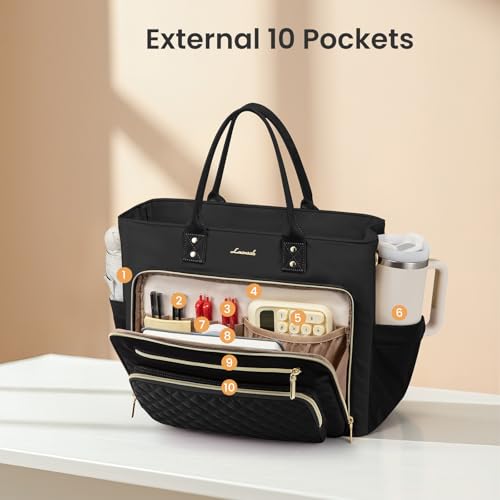 Image of LOVEVOOK Lunch Bag, Tote Bag for Women with Insulated Lunch Compartment, Large Capacity Work Tote fit 17.3 Inch Laptop, Teacher Nurse Bag for Work, Crossbody Bags for Women with Cup Holder, Black