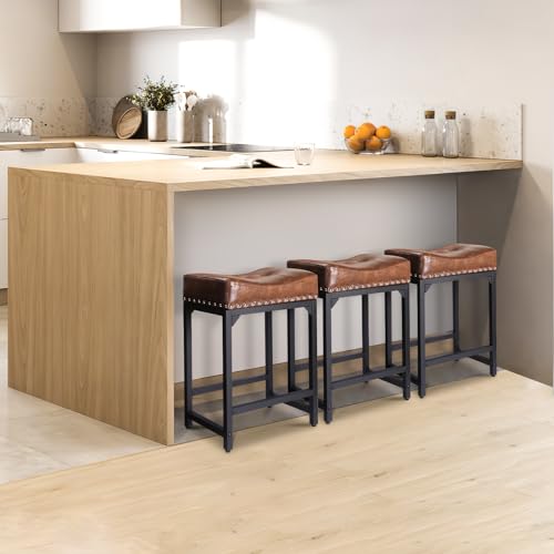 Image of Bar Stools Set of 2, Counter Height Bar Stools for Kitchen Counter, 24 Inch Saddle Barstools Kitchen Stools, Counter Height Stools for Bar, Kitchen, Island-Brown