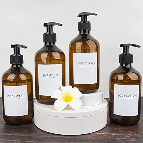 Ezebesta 4 Pieces 16.9oz Soap Lotion Pump Dispensers with Labels Bathroom Brown Dispenser Bottles with 22 Stickers Cover