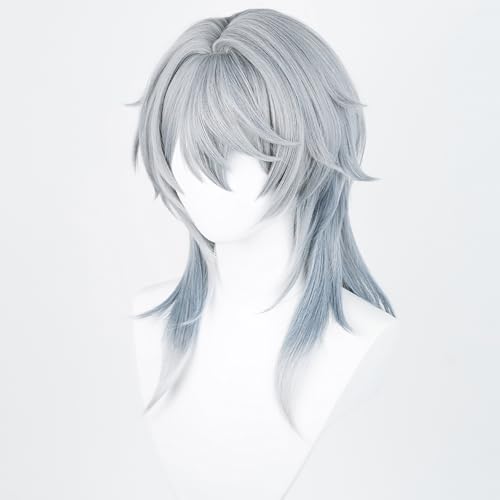 Image of Sunday Anime Gray Blue Wig with Bangs Men Long Straight Wig Layered Haircut Game Cosplay Wigs Halloween,Christmas,Comic con,Game Show,Party,Carnival