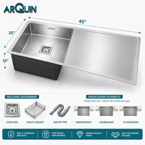 Image of ARQUIN Kitchen Sink 45x20x10 Inch Handmade Single Bowl Drain Board Matt Finish Kitchen Sink 304 Grade Stainless Steel Kitchen Sinks | Sink For Kitchen Basin Square Drainer and Adjustable Fruit Basket