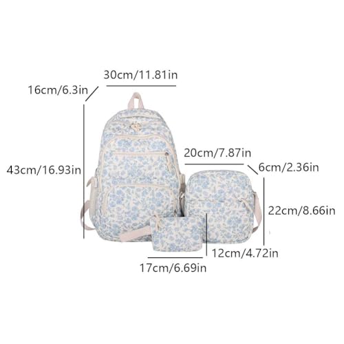 Coquette Backpack - Cute Kawaii Backpack Set 3 Pcs Floral Quilted Daypack with Small Crossbody Bag (Blue)2